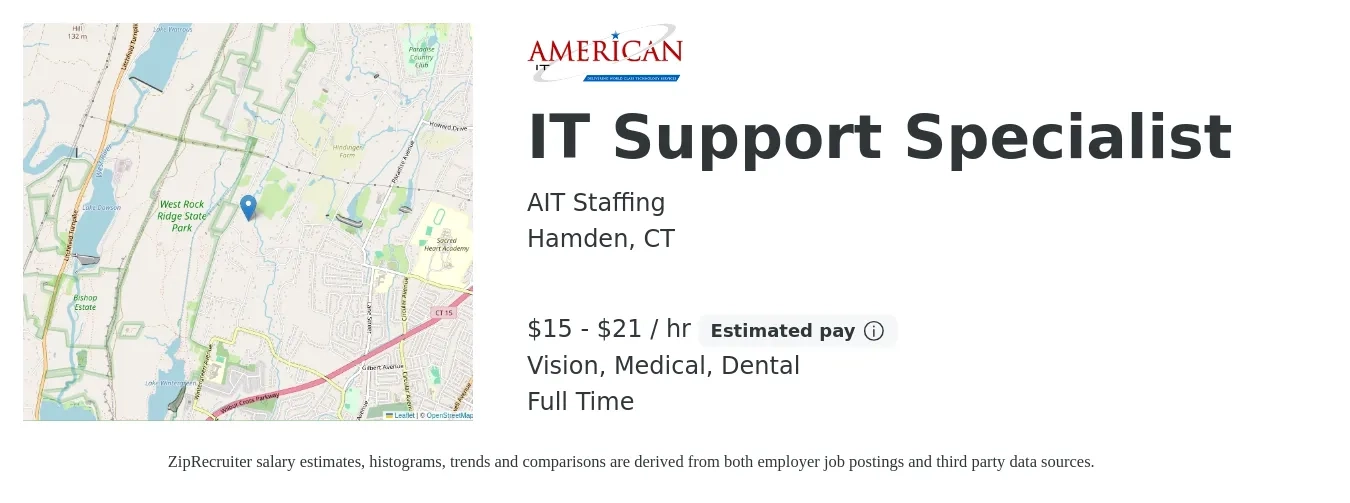 AIT Staffing job posting for a IT Support Specialist in Hamden, CT with a salary of $16 to $22 Hourly and benefits including vision, dental, medical, pto, and retirement with a map of Hamden location.