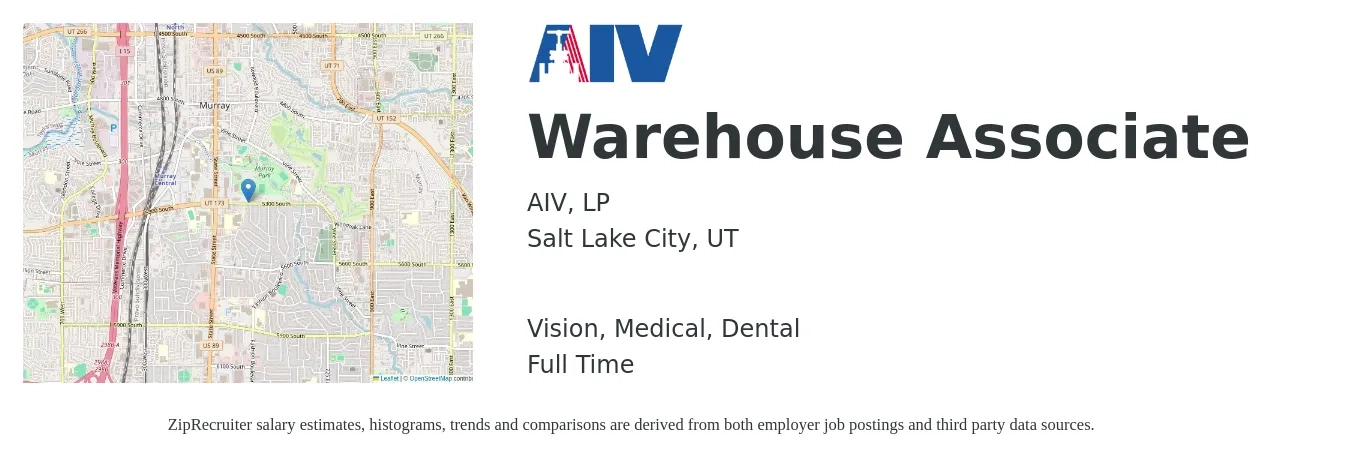 AIV, LP job posting for a Warehouse Associate in Salt Lake City, UT with a salary of $16 to $18 Hourly and benefits including dental, life_insurance, medical, pto, retirement, and vision with a map of Salt Lake City location.