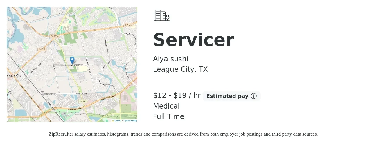 Aiya sushi job posting for a Servicer in League City, TX with a salary of $13 to $20 Hourly (plus commission) and benefits including medical with a map of League City location.