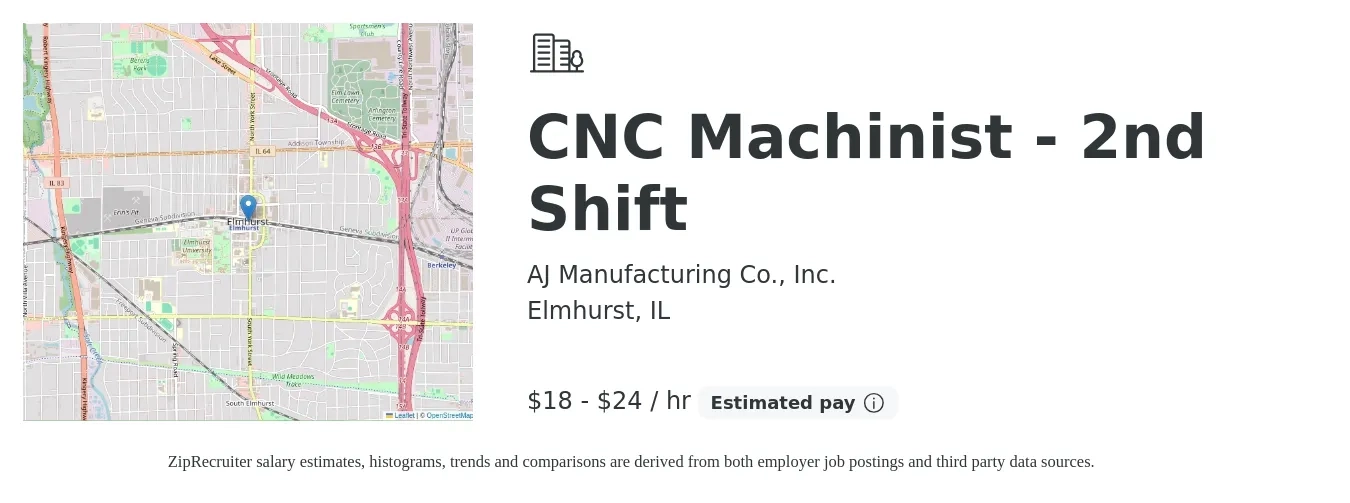 AJ Manufacturing Co., Inc. job posting for a CNC Machinist - 2nd Shift in Elmhurst, IL with a salary of $19 to $25 Hourly with a map of Elmhurst location.