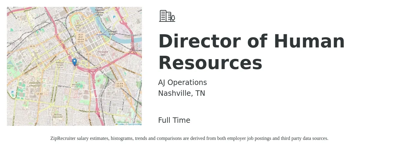 AJ Operations job posting for a Director of Human Resources in Nashville, TN with a salary of $85,500 to $131,900 Yearly with a map of Nashville location.