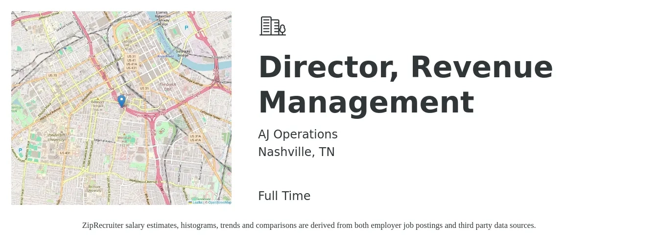 AJ Operations job posting for a Director, Revenue Management in Nashville, TN with a salary of $84,000 to $144,900 Yearly with a map of Nashville location.