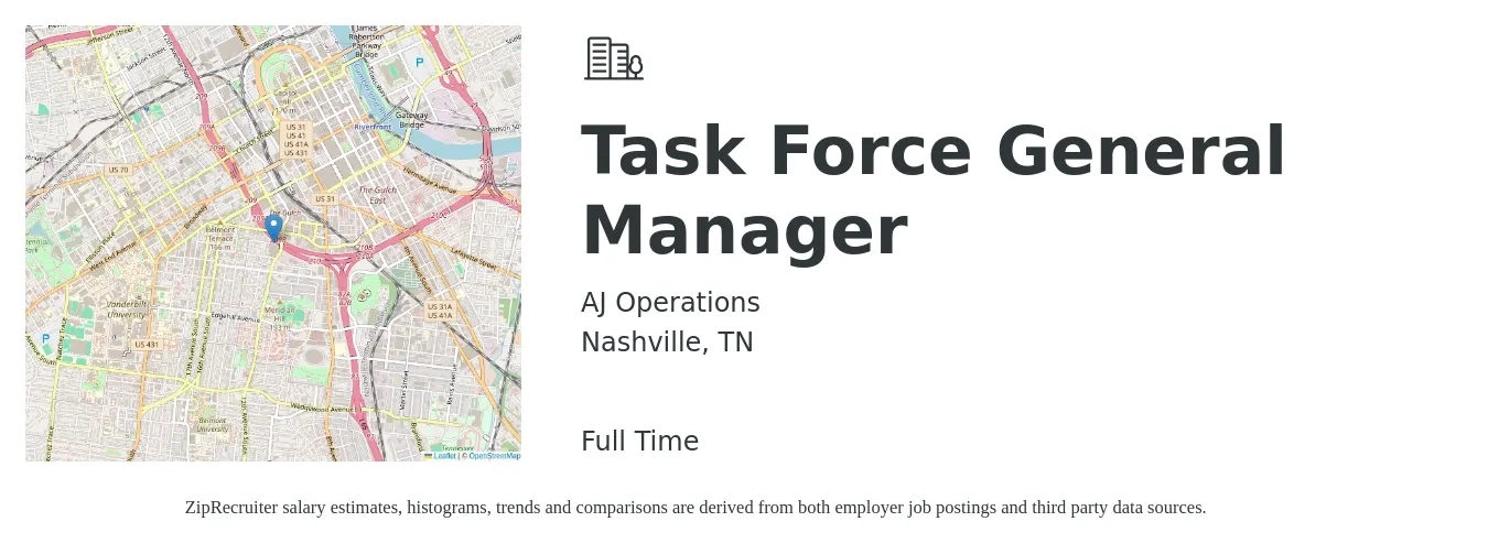 AJ Operations job posting for a Task Force General Manager in Nashville, TN with a salary of $50,700 to $64,200 Yearly with a map of Nashville location.
