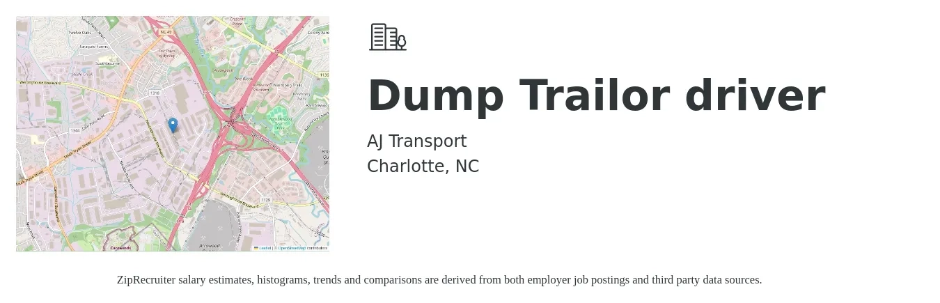 AJ Transport job posting for a Dump Trailor driver in Charlotte, NC with a salary of $55,000 to $75,000 Yearly with a map of Charlotte location.