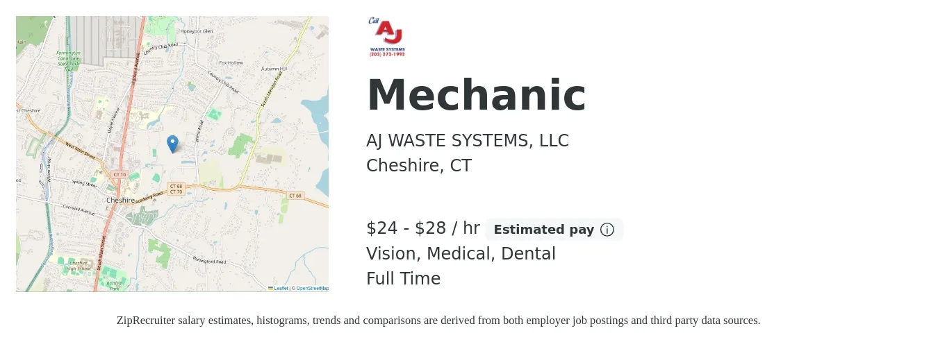 AJ WASTE SYSTEMS, LLC job posting for a Mechanic in Cheshire, CT with a salary of $25 to $30 Hourly and benefits including life_insurance, medical, pto, retirement, vision, and dental with a map of Cheshire location.
