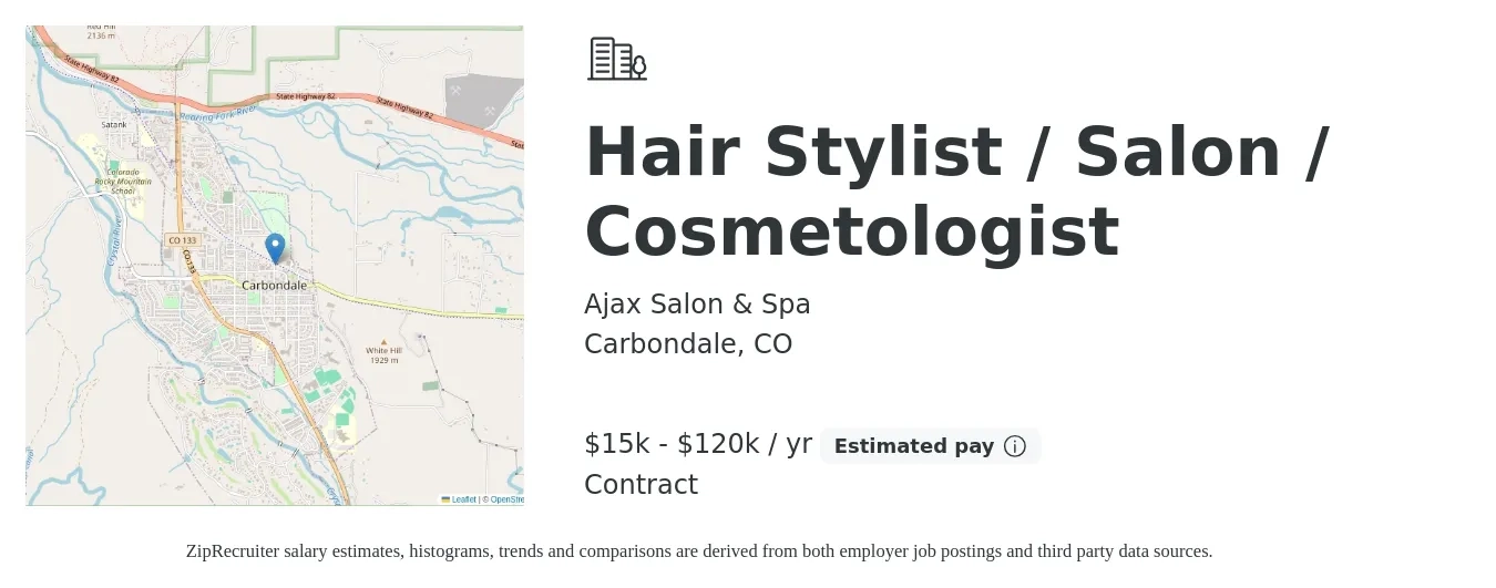 Ajax Salon & Spa job posting for a Hair Stylist / Salon / Cosmetologist in Carbondale, CO with a salary of $15,000 to $120,000 Yearly (plus commission) with a map of Carbondale location.