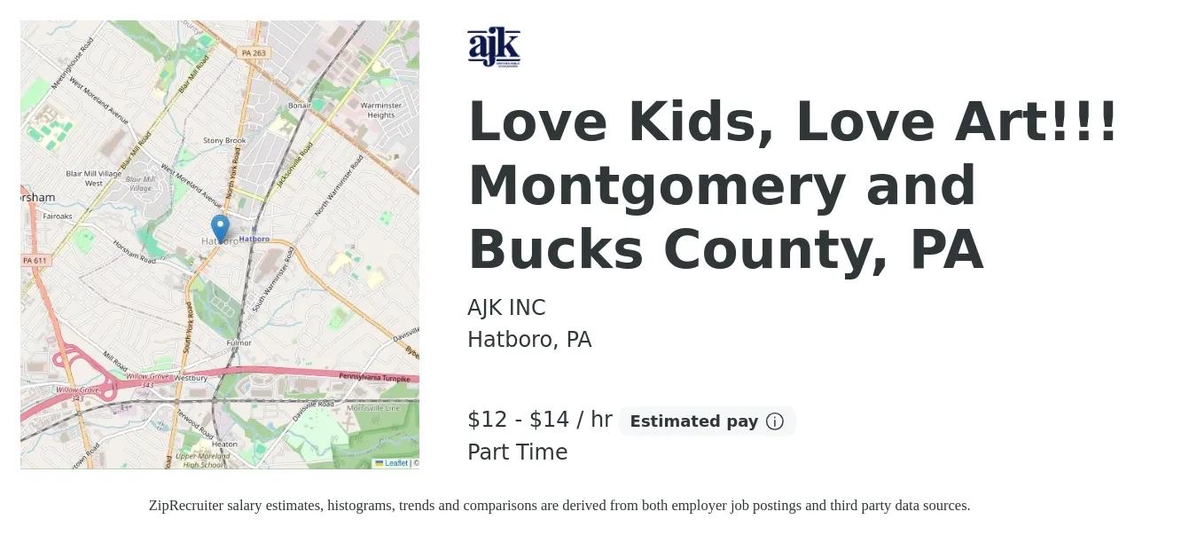 AJK INC job posting for a Love Kids, Love Art!!! Montgomery and Bucks County, PA in Hatboro, PA with a salary of $14 to $15 Hourly with a map of Hatboro location.