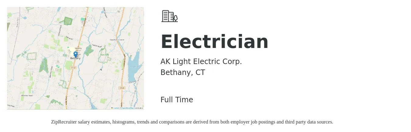 AK Light Electric Corp. job posting for a Electrician in Bethany, CT with a salary of $25 to $34 Hourly with a map of Bethany location.