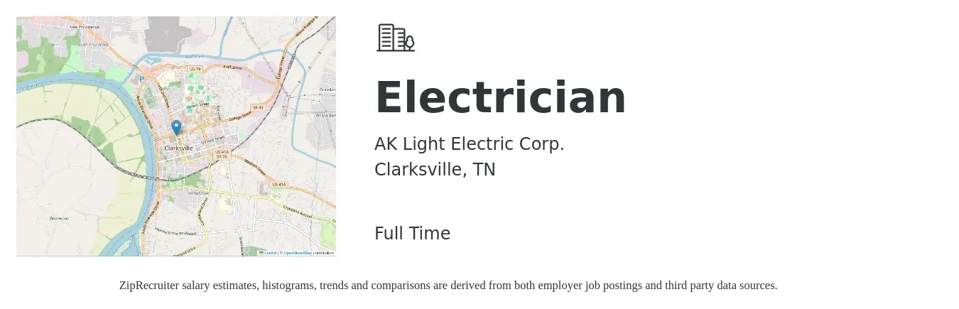AK Light Electric Corp. job posting for a Electrician in Clarksville, TN with a salary of $22 to $30 Hourly with a map of Clarksville location.