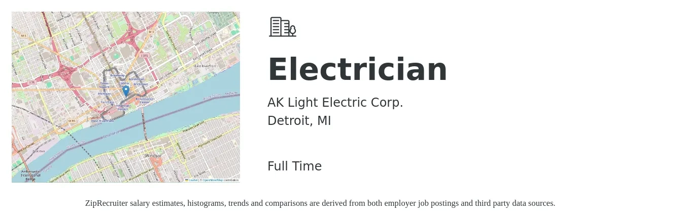 AK Light Electric Corp. job posting for a Electrician in Detroit, MI with a salary of $25 to $34 Hourly with a map of Detroit location.