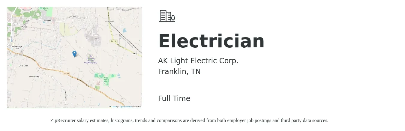 AK Light Electric Corp. job posting for a Electrician in Franklin, TN with a salary of $25 to $34 Hourly with a map of Franklin location.