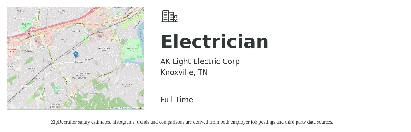 AK Light Electric Corp. job posting for a Electrician in Knoxville, TN with a salary of $24 to $33 Hourly with a map of Knoxville location.