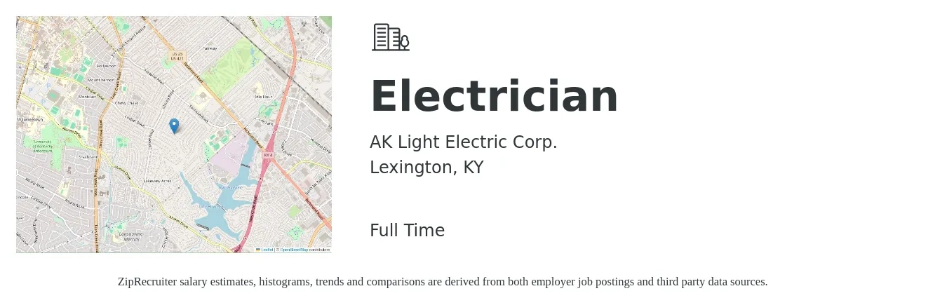 AK Light Electric Corp. job posting for a Electrician in Lexington, KY with a salary of $23 to $32 Hourly with a map of Lexington location.