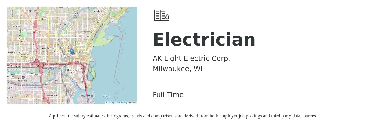 AK Light Electric Corp. job posting for a Electrician in Milwaukee, WI with a salary of $24 to $34 Hourly with a map of Milwaukee location.