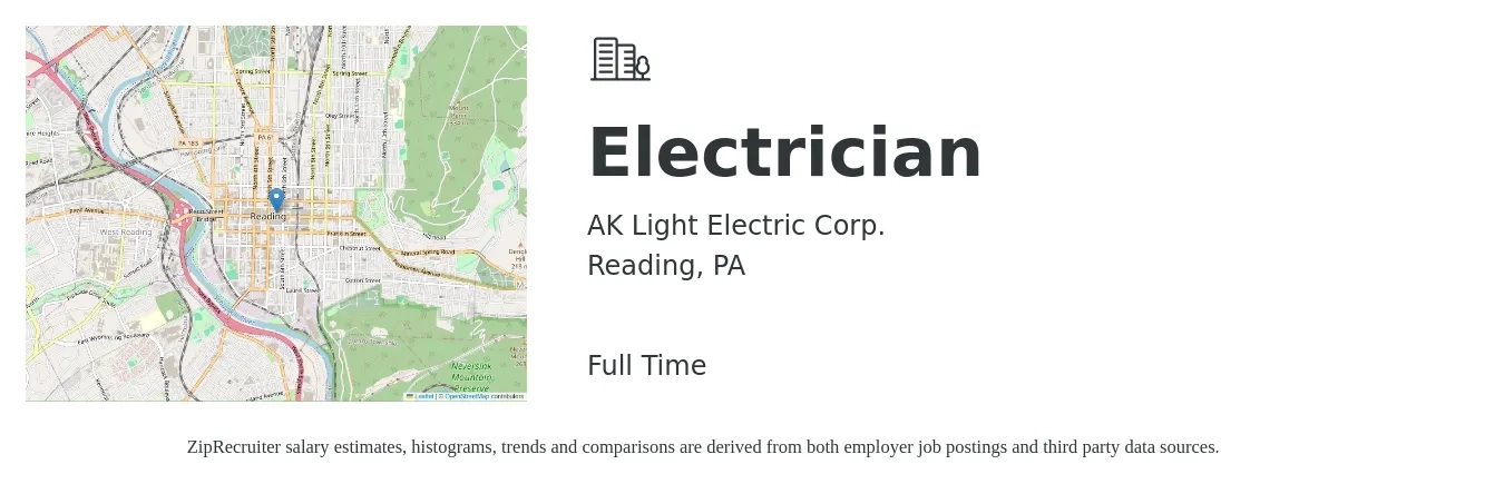 AK Light Electric Corp. job posting for a Electrician in Reading, PA with a salary of $24 to $33 Hourly with a map of Reading location.