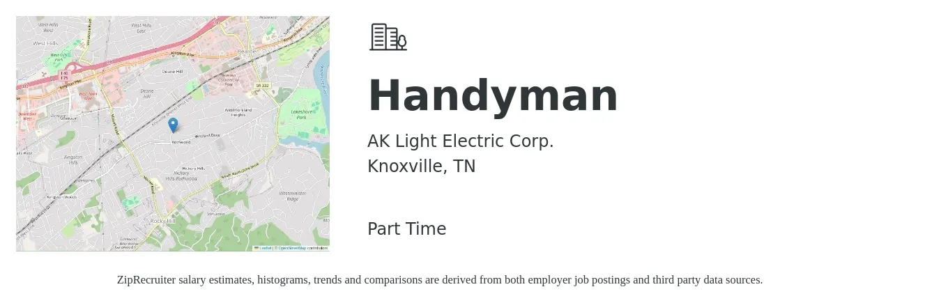 AK Light Electric Corp. job posting for a Handyman in Knoxville, TN with a salary of $20 to $29 Hourly with a map of Knoxville location.