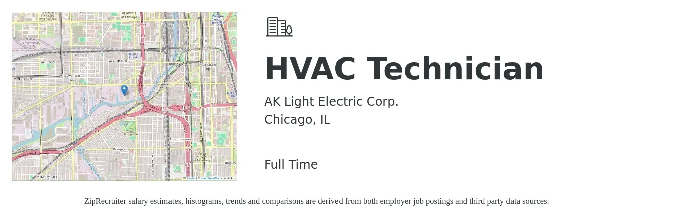 AK Light Electric Corp. job posting for a HVAC Technician in Chicago, IL with a salary of $24 to $34 Hourly with a map of Chicago location.
