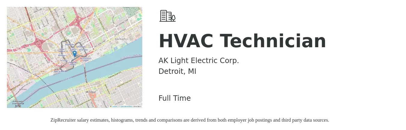 AK Light Electric Corp. job posting for a HVAC Technician in Detroit, MI with a salary of $23 to $33 Hourly with a map of Detroit location.
