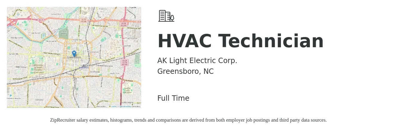 AK Light Electric Corp. job posting for a HVAC Technician in Greensboro, NC with a salary of $22 to $32 Hourly with a map of Greensboro location.