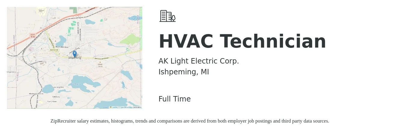 AK Light Electric Corp. job posting for a HVAC Technician in Ishpeming, MI with a salary of $23 to $34 Hourly with a map of Ishpeming location.