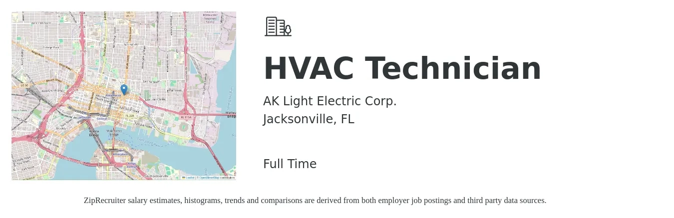 AK Light Electric Corp. job posting for a HVAC Technician in Jacksonville, FL with a salary of $20 to $28 Hourly with a map of Jacksonville location.