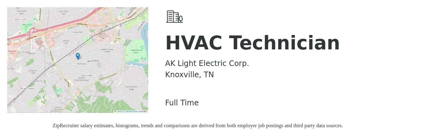 AK Light Electric Corp. job posting for a HVAC Technician in Knoxville, TN with a salary of $22 to $32 Hourly with a map of Knoxville location.