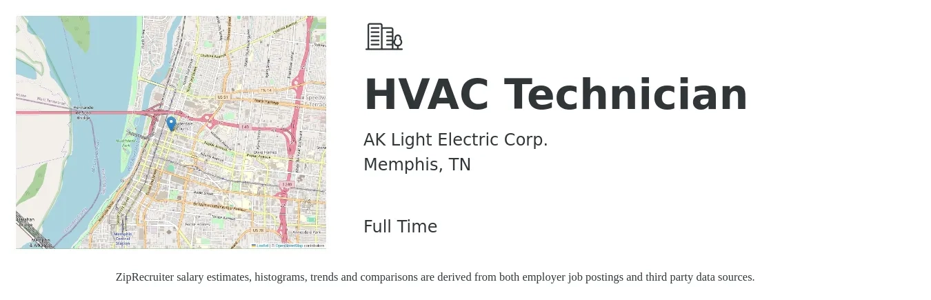 AK Light Electric Corp. job posting for a HVAC Technician in Memphis, TN with a salary of $24 to $34 Hourly with a map of Memphis location.