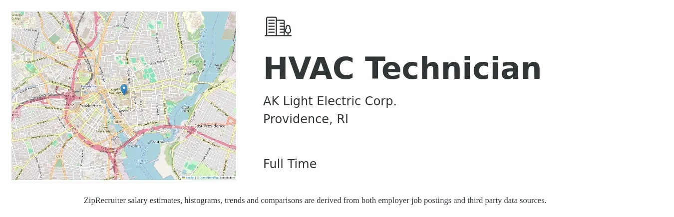 AK Light Electric Corp. job posting for a HVAC Technician in Providence, RI with a salary of $23 to $34 Hourly with a map of Providence location.