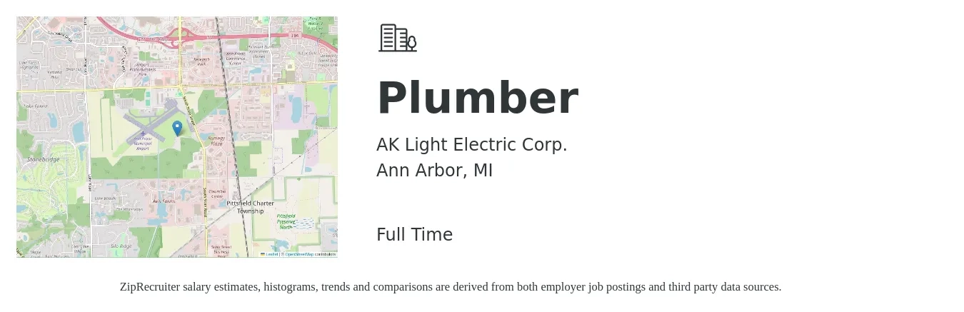 AK Light Electric Corp. job posting for a Plumber in Ann Arbor, MI with a salary of $24 to $36 Hourly with a map of Ann Arbor location.