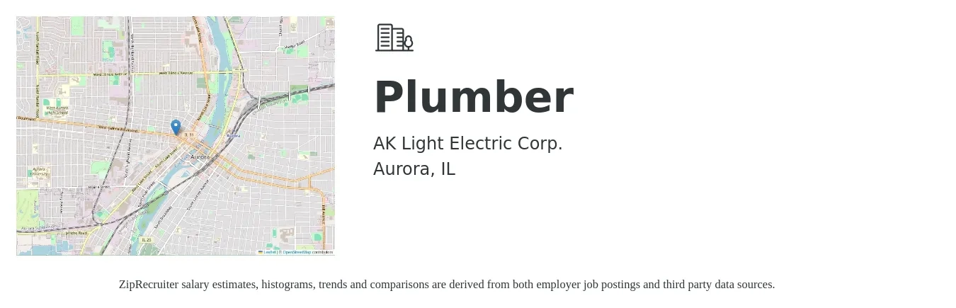 AK Light Electric Corp. job posting for a Plumber in Aurora, IL with a salary of $24 to $34 Hourly with a map of Aurora location.