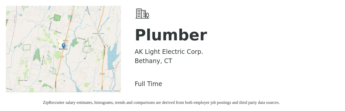 AK Light Electric Corp. job posting for a Plumber in Bethany, CT with a salary of $25 to $36 Hourly with a map of Bethany location.