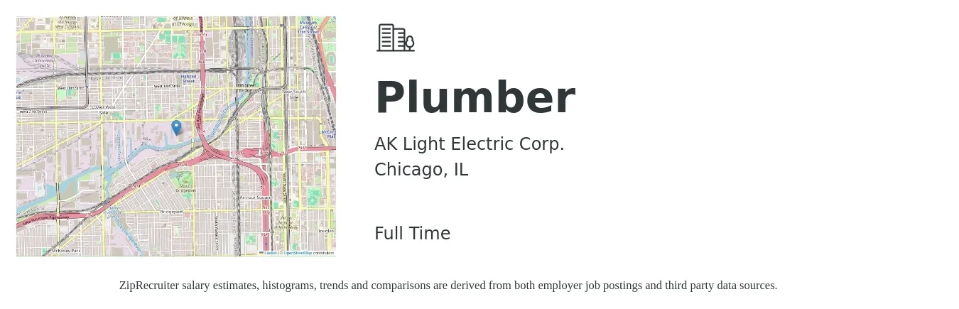 AK Light Electric Corp. job posting for a Plumber in Chicago, IL with a salary of $26 to $37 Hourly with a map of Chicago location.
