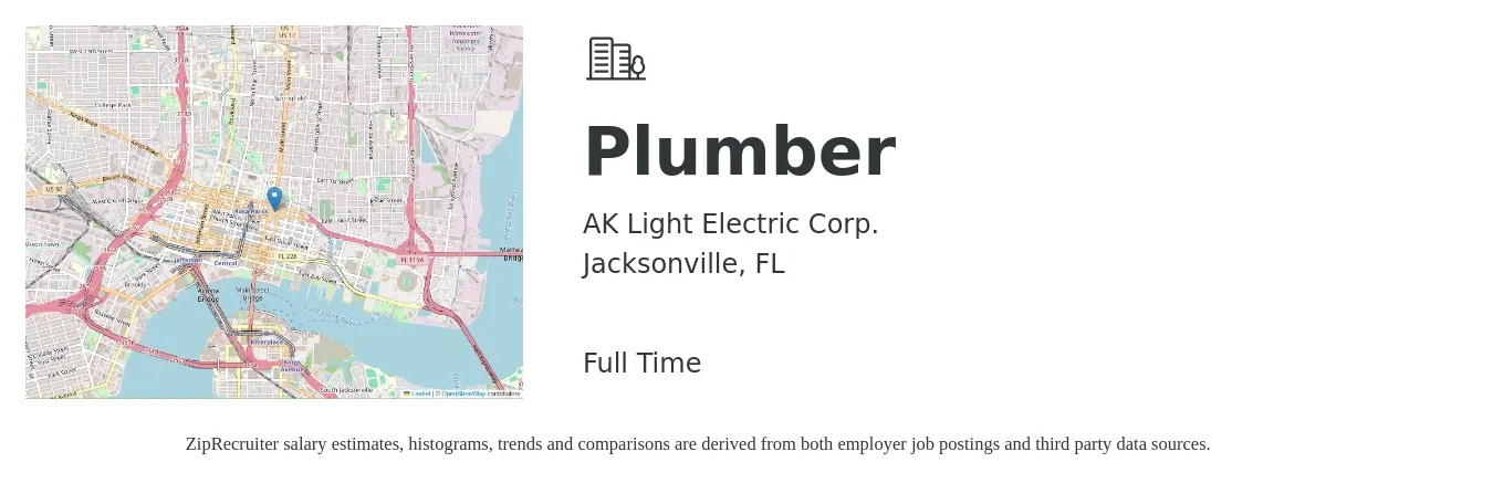 AK Light Electric Corp. job posting for a Plumber in Jacksonville, FL with a salary of $21 to $31 Hourly with a map of Jacksonville location.