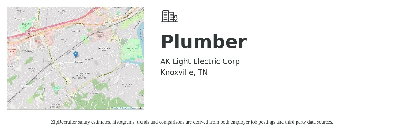 AK Light Electric Corp. job posting for a Plumber in Knoxville, TN with a salary of $24 to $34 Hourly with a map of Knoxville location.