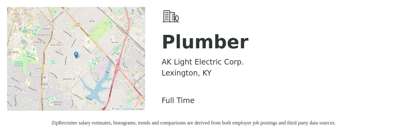 AK Light Electric Corp. job posting for a Plumber in Lexington, KY with a salary of $23 to $33 Hourly with a map of Lexington location.