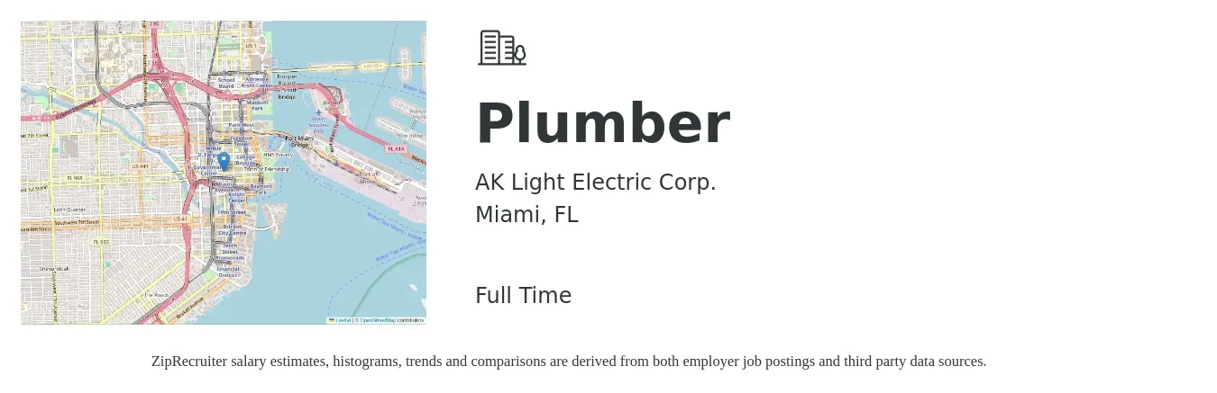 AK Light Electric Corp. job posting for a Plumber in Miami, FL with a salary of $24 to $35 Hourly with a map of Miami location.