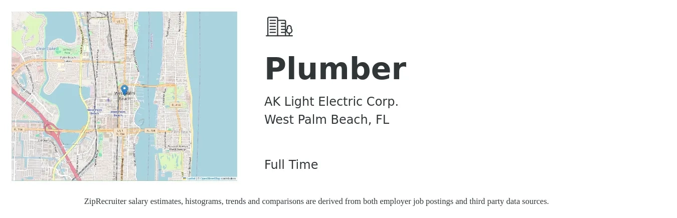 AK Light Electric Corp. job posting for a Plumber in West Palm Beach, FL with a salary of $24 to $35 Hourly with a map of West Palm Beach location.