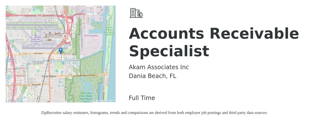 Akam Associates Inc job posting for a Accounts Receivable Specialist in Dania Beach, FL with a salary of $20 to $26 Hourly with a map of Dania Beach location.