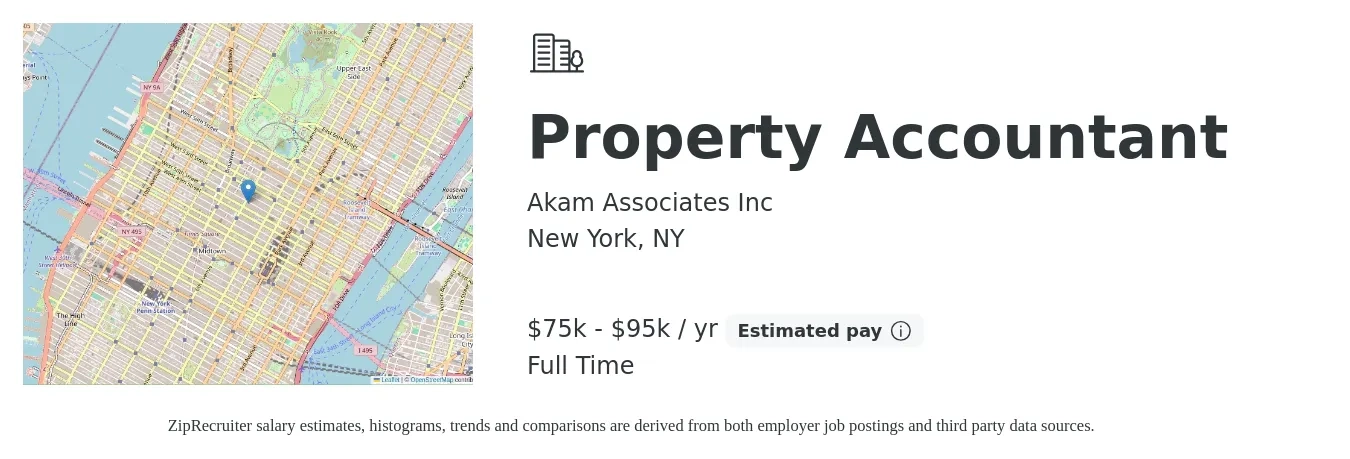 Akam Associates Inc job posting for a Property Accountant in New York, NY with a salary of $75,000 to $95,000 Yearly with a map of New York location.