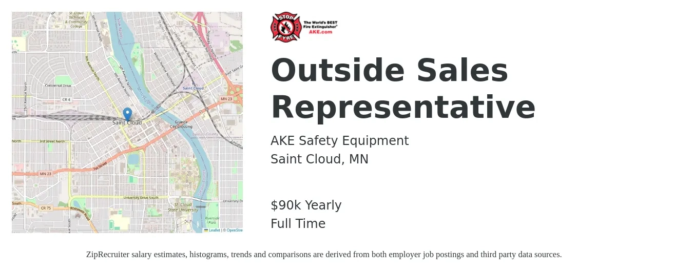 AKE Safety Equipment job posting for a Outside Sales Representative in Saint Cloud, MN with a salary of $90,816 Yearly with a map of Saint Cloud location.