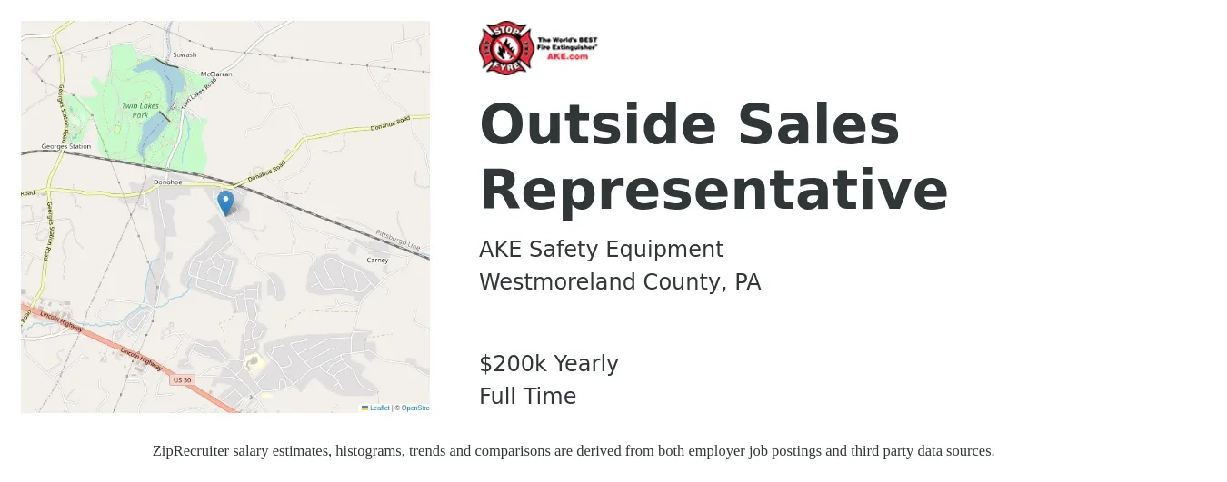 AKE Safety Equipment job posting for a Outside Sales Representative in Westmoreland County, PA with a salary of $90,816 Yearly with a map of Westmoreland County location.