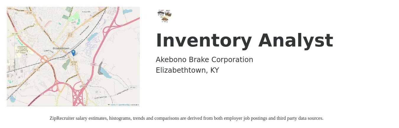 Akebono Brake Corporation job posting for a Inventory Analyst in Elizabethtown, KY with a salary of $21 to $31 Hourly with a map of Elizabethtown location.