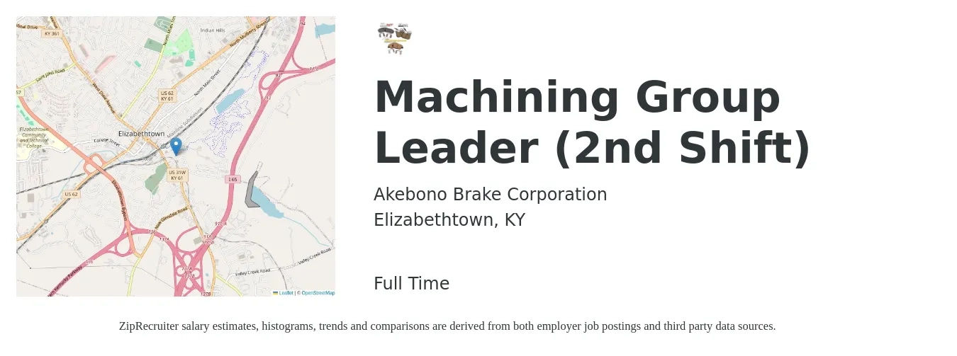 Akebono Brake Corporation job posting for a Machining Group Leader (2nd Shift) in Elizabethtown, KY with a salary of $15 to $23 Hourly with a map of Elizabethtown location.