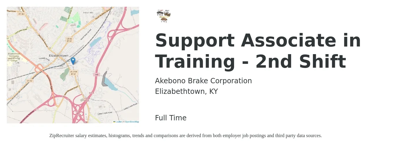 Akebono Brake Corporation job posting for a Support Associate in Training - 2nd Shift in Elizabethtown, KY with a salary of $16 to $20 Hourly with a map of Elizabethtown location.