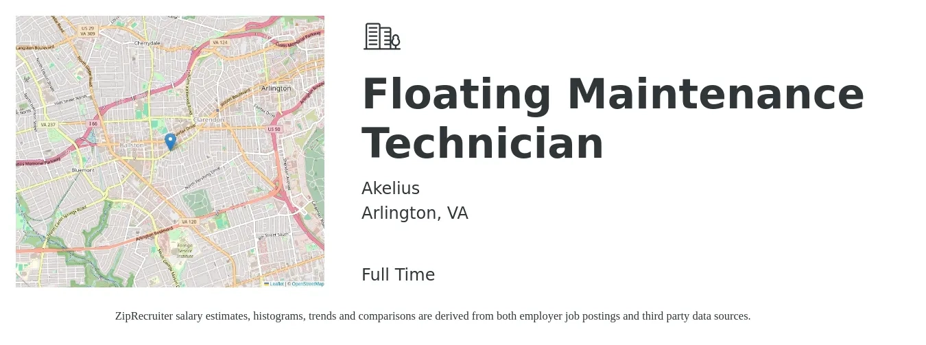 Akelius job posting for a Floating Maintenance Technician in Arlington, VA with a salary of $22 to $31 Hourly with a map of Arlington location.