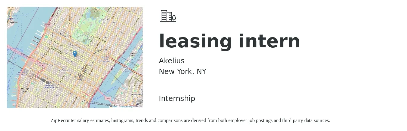 Akelius job posting for a leasing intern in New York, NY with a salary of $22 to $25 Yearly with a map of New York location.
