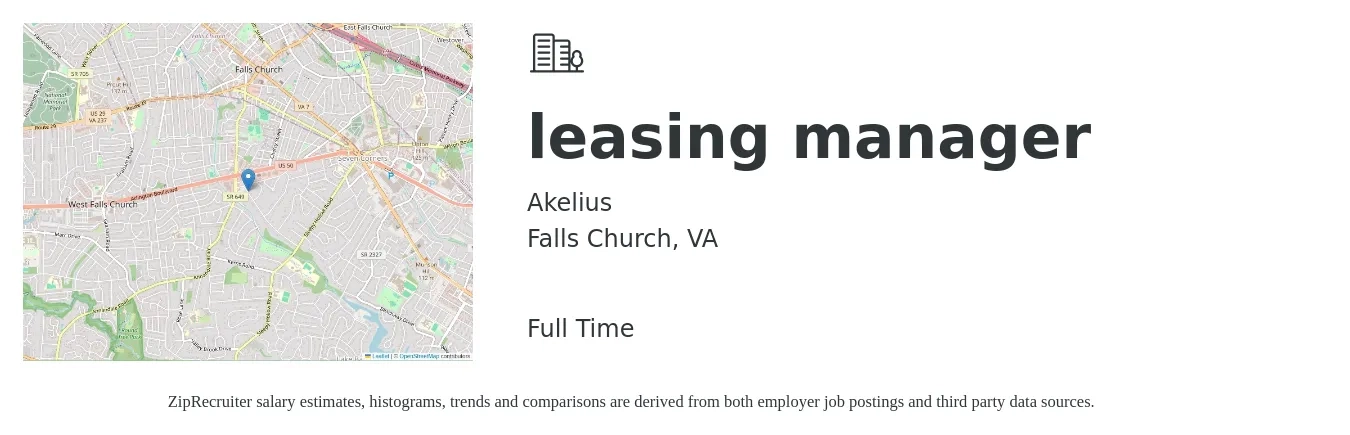 Akelius job posting for a leasing manager in Falls Church, VA with a salary of $49,100 to $129,100 Yearly with a map of Falls Church location.