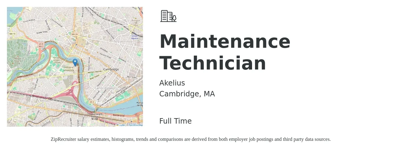 Akelius job posting for a Maintenance Technician in Cambridge, MA with a salary of $21 to $29 Hourly with a map of Cambridge location.