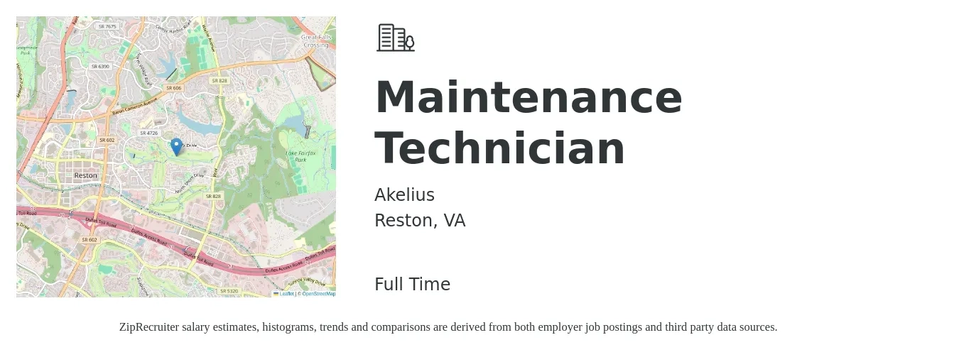 Akelius job posting for a Maintenance Technician in Reston, VA with a salary of $20 to $28 Hourly with a map of Reston location.