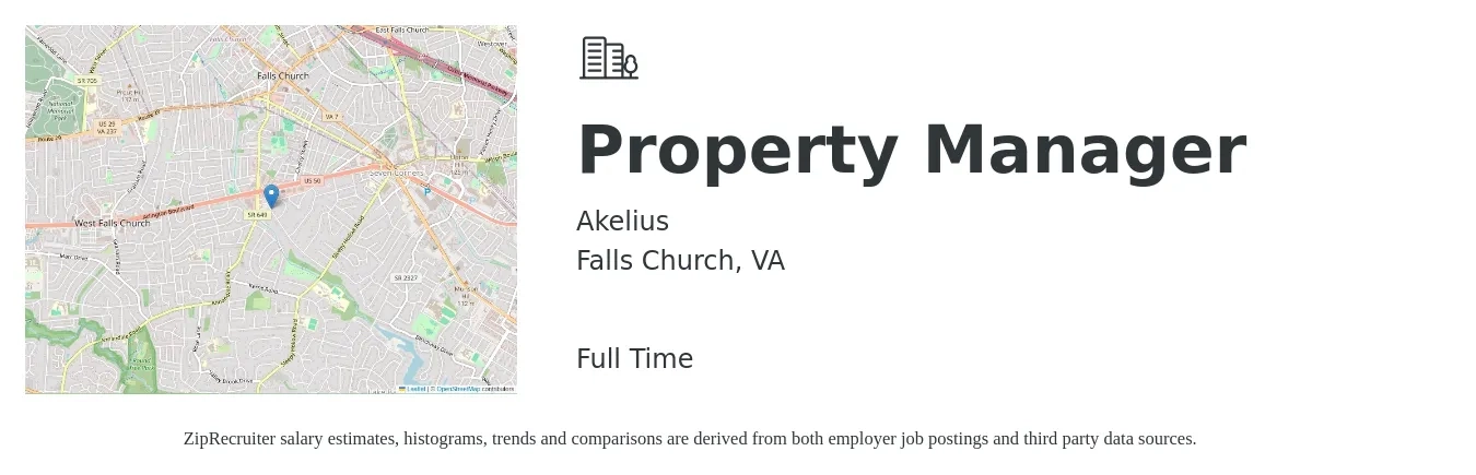 Akelius job posting for a Property Manager in Falls Church, VA with a salary of $46,900 to $72,500 Yearly with a map of Falls Church location.